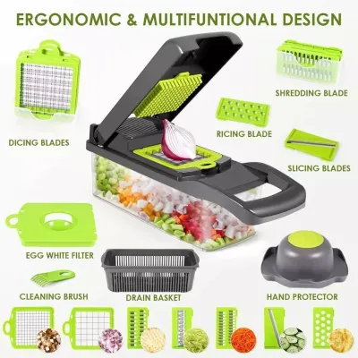 16 In 1 Vegetable Chopper with Container and Slicer displayed with green and grey interchangeable blades.