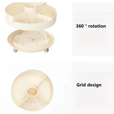 Off-white 360 rotating makeup organizer box showing its rotating base, divided compartments, and grid design.