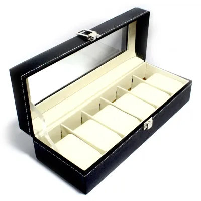 Open black leather 6 Slot Watch Box Organizer with white contrast stitching and cream velvet slots on white background.