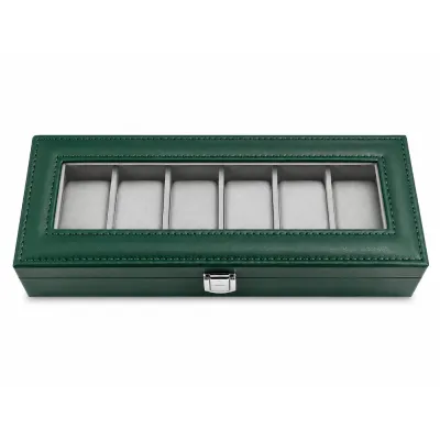 Top view of closed green 6 Slot Watch Box Organizer featuring a clear glass window lid and silver metal latch.