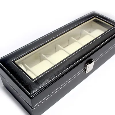 Closed black 6 Slot Watch Box Organizer with white stitching and glass top display shown from an angle.