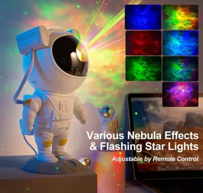 Astronaut Galaxy Star Projector with Remote in action, projecting green stars and colorful nebula onto a room wall