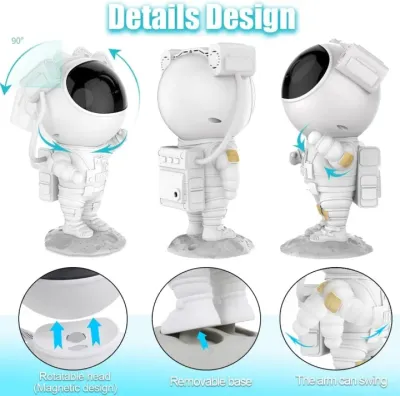 Details design showing 90-degree magnetic rotatable head, removable base, and swing arms of Astronaut Galaxy Projector