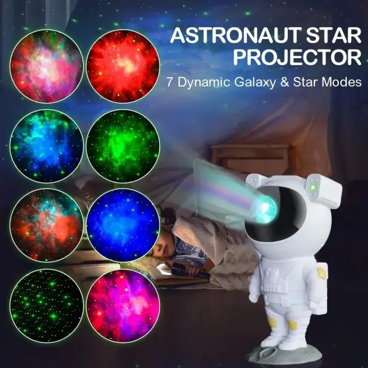 Astronaut Galaxy Star Projector with Remote showing 7 dynamic galaxy and star modes next to a sleeping child