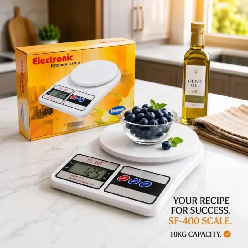 Digital Kitchen Scale SF-400 with its packaging box displaying blueberries in a glass bowl on the kitchen counter.