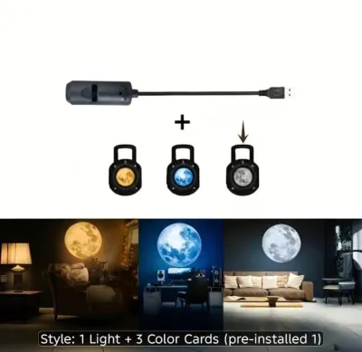 Compact Moon Projection Lamp with 3 interchangeable color cards demonstrating different lighting effects.