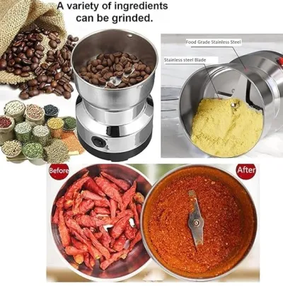 Infographic showing Nima Electric Grinder grinding coffee beans, powder, and red chili peppers.