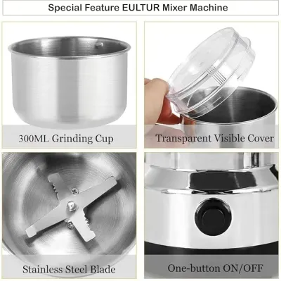Four-panel detail image showing 300ml grinding cup, transparent cover, stainless steel blade, and power button.