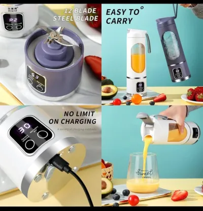 Portable juicer blender shown in four panels displaying its stainless steel blades, digital screen, charging port, and pourin