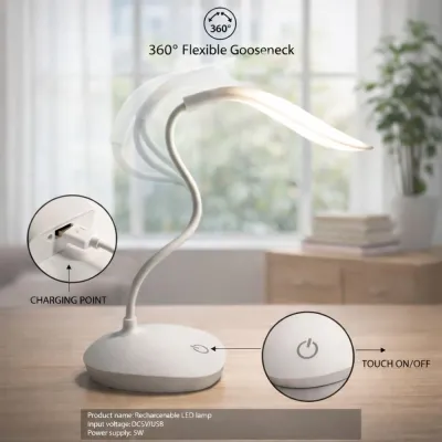 Rechargeable study lamp price in Pakistan showing 360 flexible gooseneck feature with touch button.