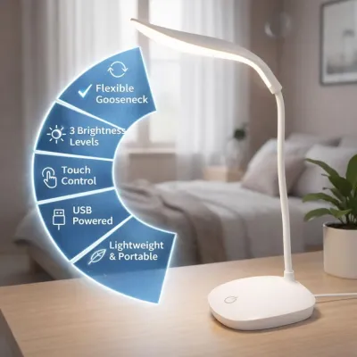 Rechargeable study lamp price in Pakistan with features highlighted including USB powered and touch control.