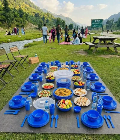 Blue plastic Saga Picnic Set 37 Pieces spread out for a large outdoor dining feast in a scenic mountain valley.