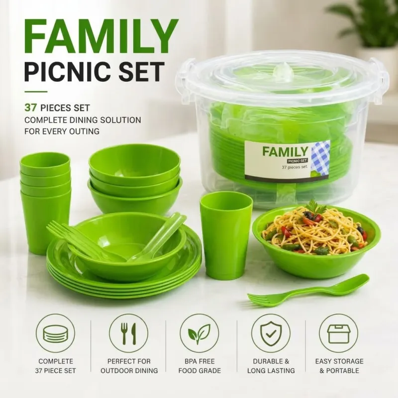 Saga Picnic Set 37 Pieces in bright green with plastic storage bucket, stacked cups, bowls, plates, and cutlery.