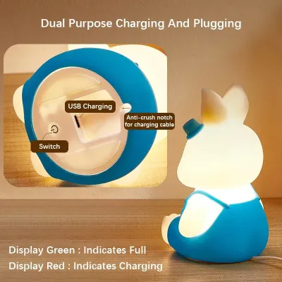 Cute soft Silicone Bunny Night Light showing colorful breathing LED light effect for bedroom decor.