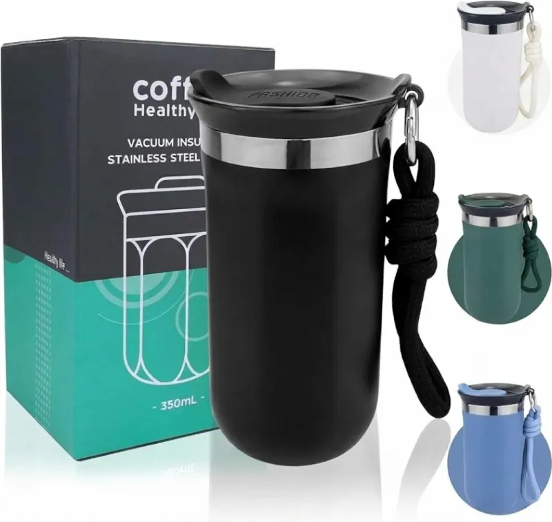 Black Vacuum Insulated Coffee Mug 350ml with black carry rope next to its packaging box.