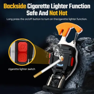 Backside cigarette lighter function of W5147 Keychain Light with red power buttons highlighted in close-up.